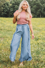 Myosotis Light Wash Raw Hem Ruffled Wide Leg Jeans Jeans JT's Designer Fashion