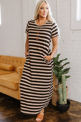 Black Stripe Casual Round Neck T-shirt Maxi Dress with Pockets T Shirt Dresses JT's Designer Fashion