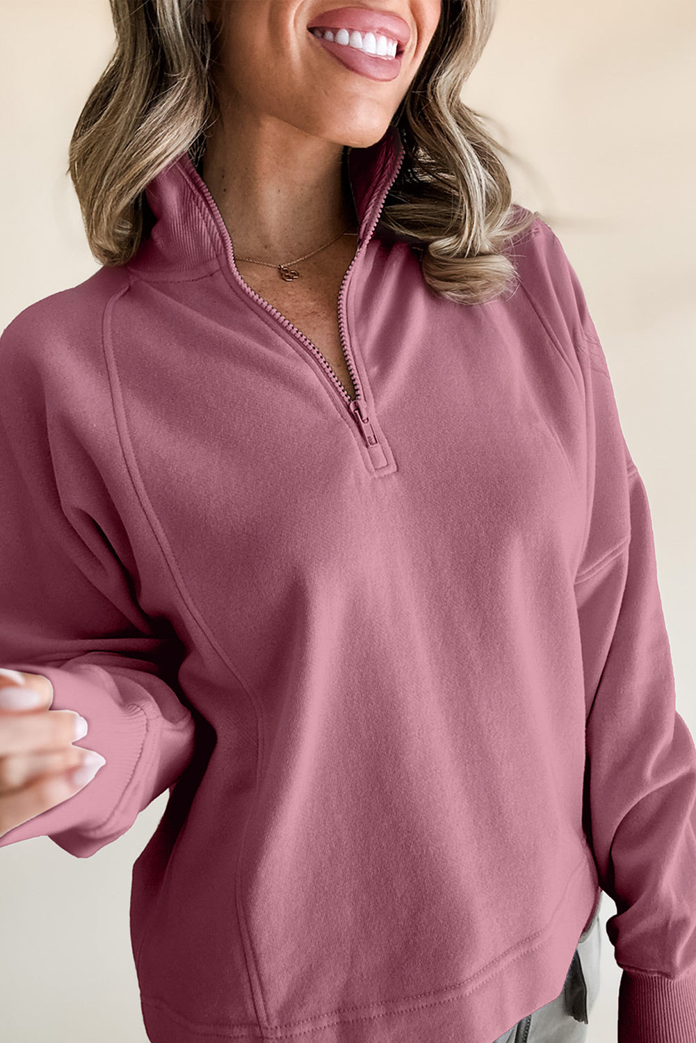 Fushia Zipped Neck Pullover Drop Shoulder Sweatshirt Sweatshirts & Hoodies JT's Designer Fashion