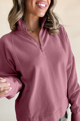 Fushia Zipped Neck Pullover Drop Shoulder Sweatshirt Sweatshirts & Hoodies JT's Designer Fashion