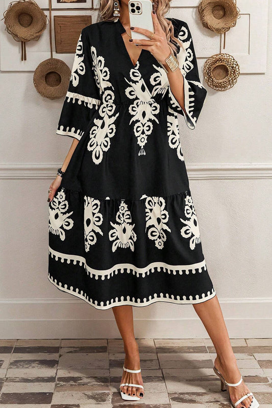 Black Western Geometric Print 3/4 Sleeve Loose Midi Dress Midi Dresses JT's Designer Fashion