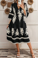 Black Western Geometric Print 3/4 Sleeve Loose Midi Dress Midi Dresses JT's Designer Fashion