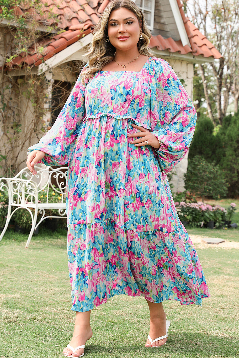 Sky Blue Floral Allover Print Shirred Square Neck Plus Size Maxi Dress Plus Size Maxi Dresses JT's Designer Fashion