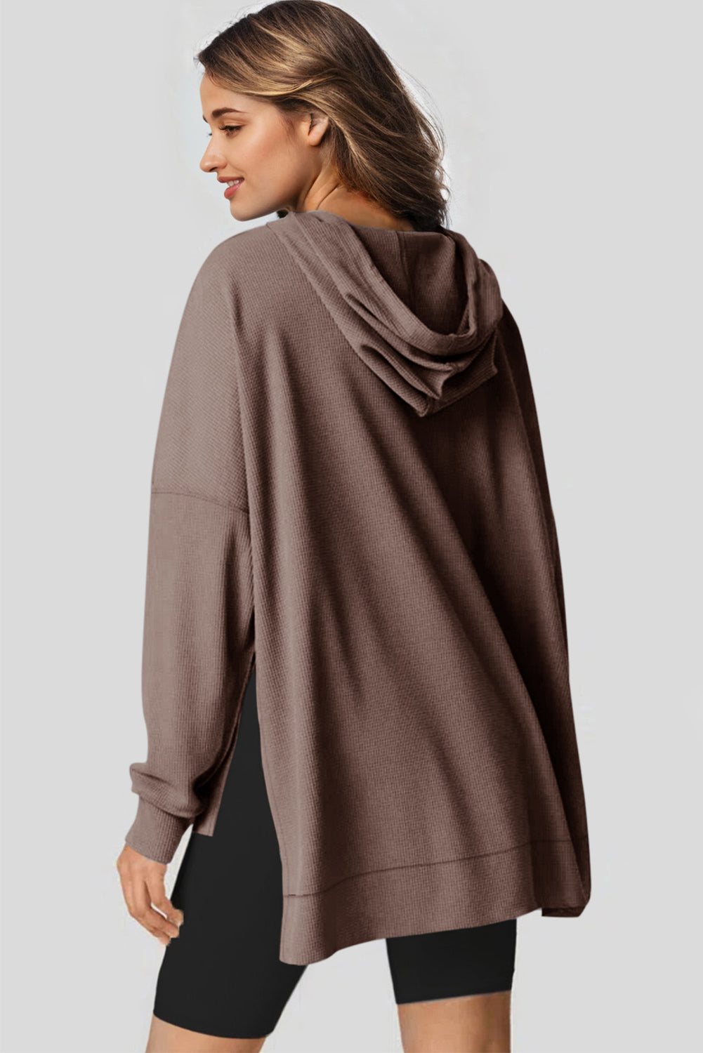Coffee Waffle Knit Fleece Lined High Low Oversized Hoodie Sweatshirts & Hoodies JT's Designer Fashion