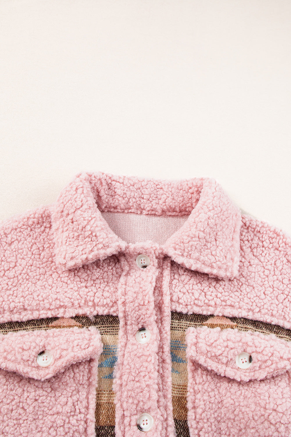 Pink Western Aztec Print Sherpa Splicing Buttoned Flap Pocket Coat Jackets JT's Designer Fashion