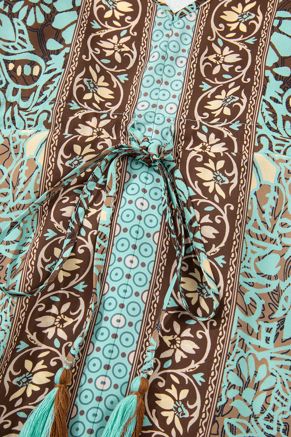Green Floral Print V Neck Ruffled Trim Backless Tassel Waist Maxi Dress Floral Dresses JT's Designer Fashion