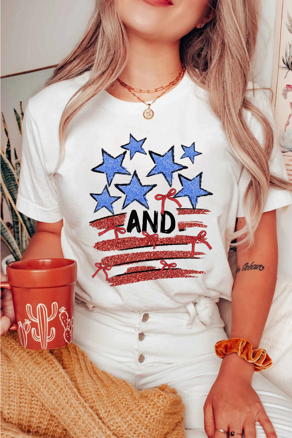 White Stars AND Stripes Bow Graphic T Shirt Graphic Tees JT's Designer Fashion
