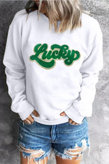 White Shiny Trim Chenille Lucky Pattern Sweatshirt Graphic Sweatshirts JT's Designer Fashion