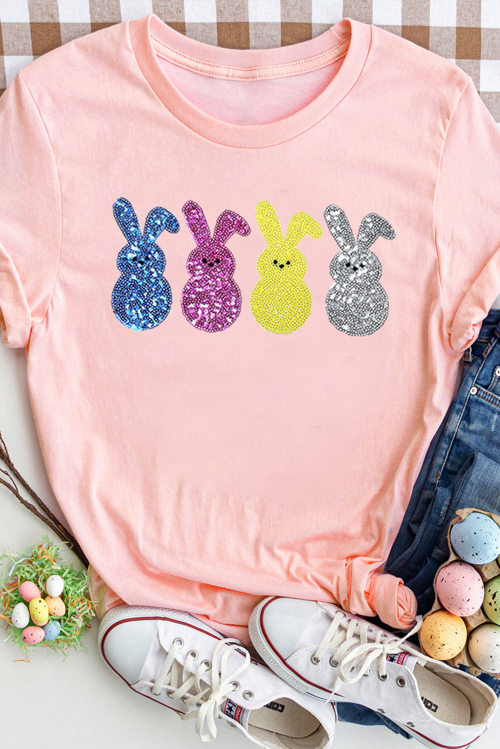 Pink Sequin Cute Bunny Graphic Easter Fashion Tee Graphic Tees JT's Designer Fashion