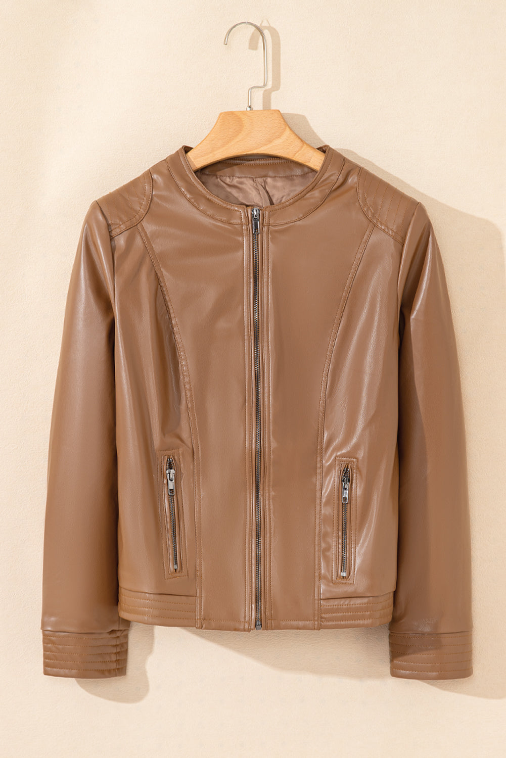 Chestnut Solid Faux Leather Zipper Slim Fit Bomber Jacket Jackets JT's Designer Fashion
