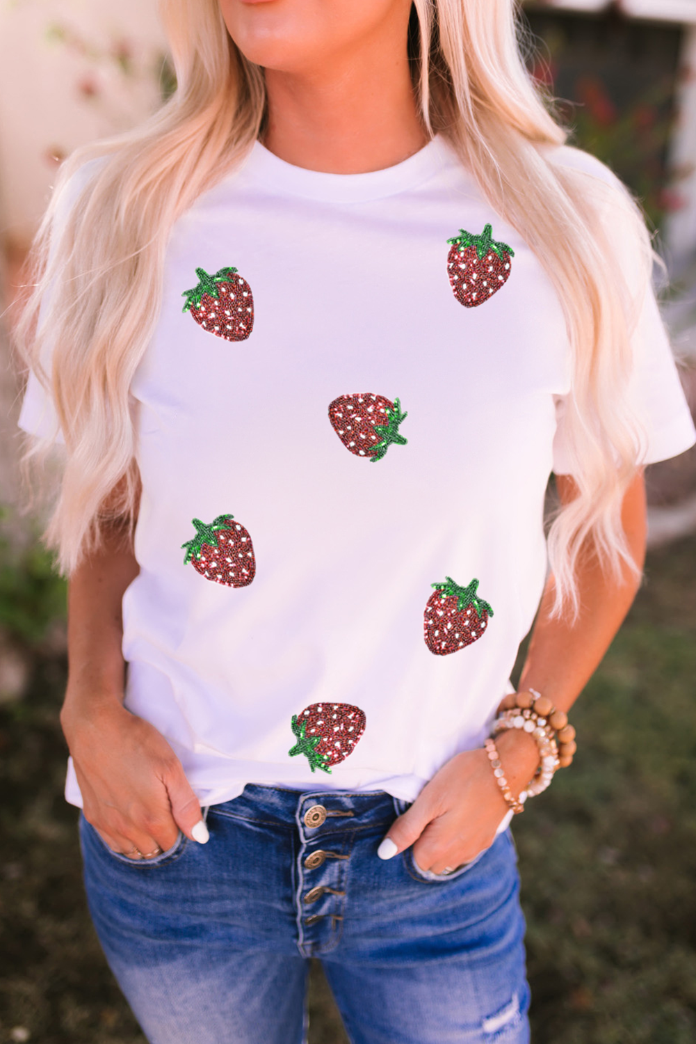 White Sequin Strawberry Patched Crew Neck T Shirt Graphic Tees JT's Designer Fashion