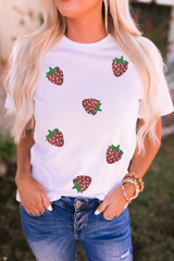 White Sequin Strawberry Patched Crew Neck T Shirt Graphic Tees JT's Designer Fashion