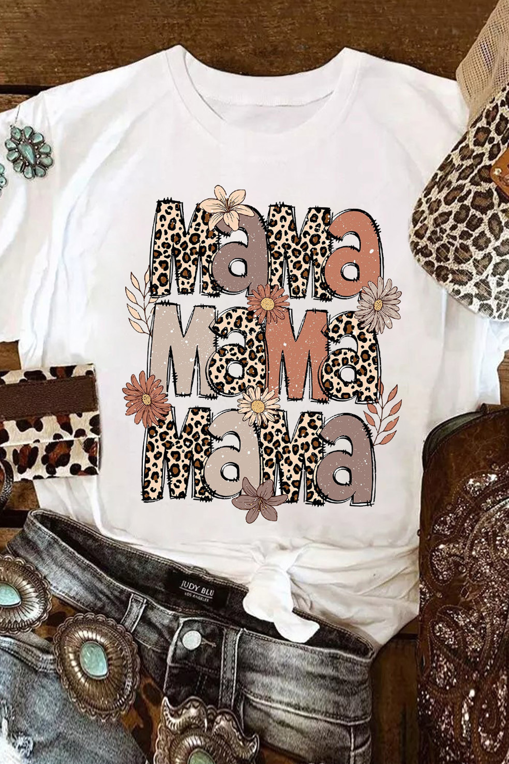 White Floral Leopard MaMa Graphic Mothers Day T Shirt Graphic Tees JT's Designer Fashion