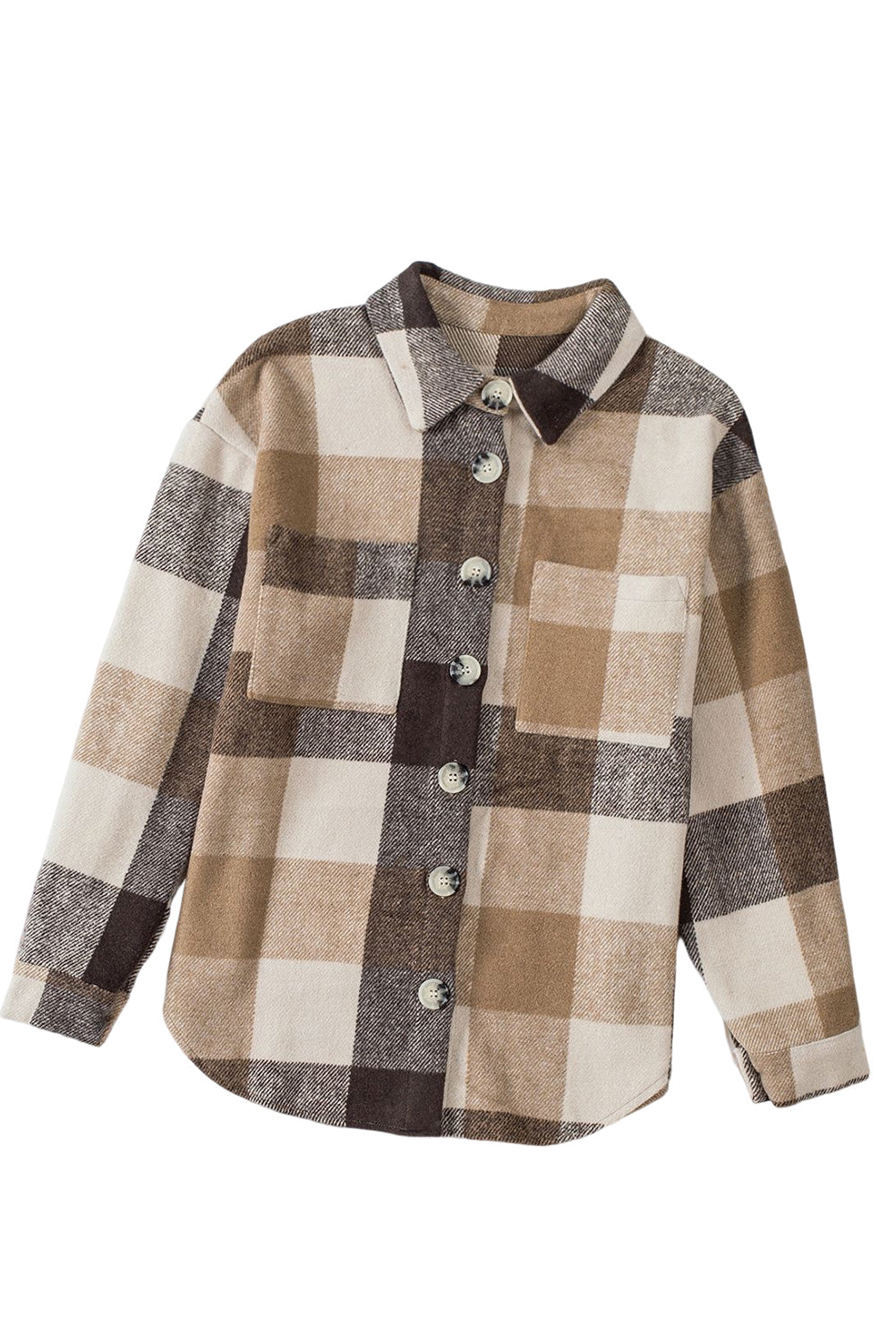Khaki Plaid Color Block Buttoned Long Sleeve Jacket with Pocket Plaid Shackets JT's Designer Fashion