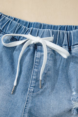 Myosotis Drawstring High Waist Distressed Denim Shorts Denim Shorts JT's Designer Fashion