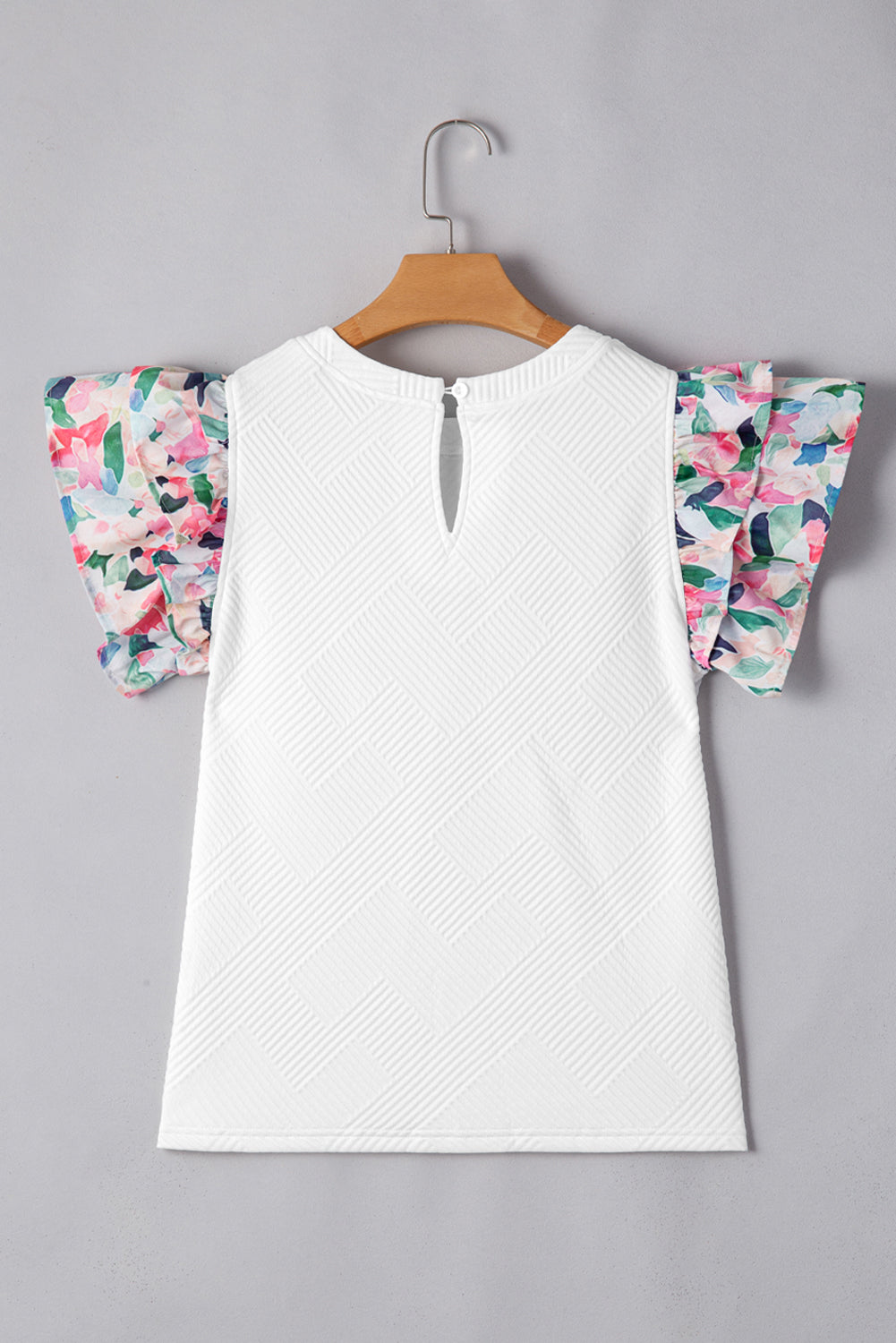 White Abstract Print Tiered Ruffled Sleeve Textured Knit Top Blouses & Shirts JT's Designer Fashion