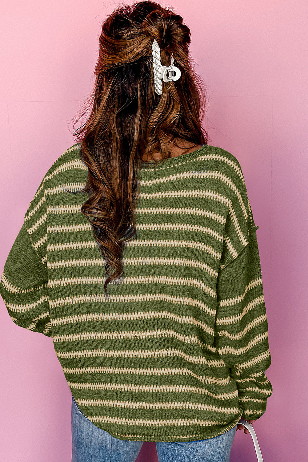 Green Stripe Drop Shoulder Casual Sweater Sweaters JT's Designer Fashion