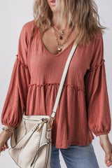 Mineral Red Solid Color Textured Frilled Trim V Neck Puff Sleeve Blouse Blouses & Shirts JT's Designer Fashion