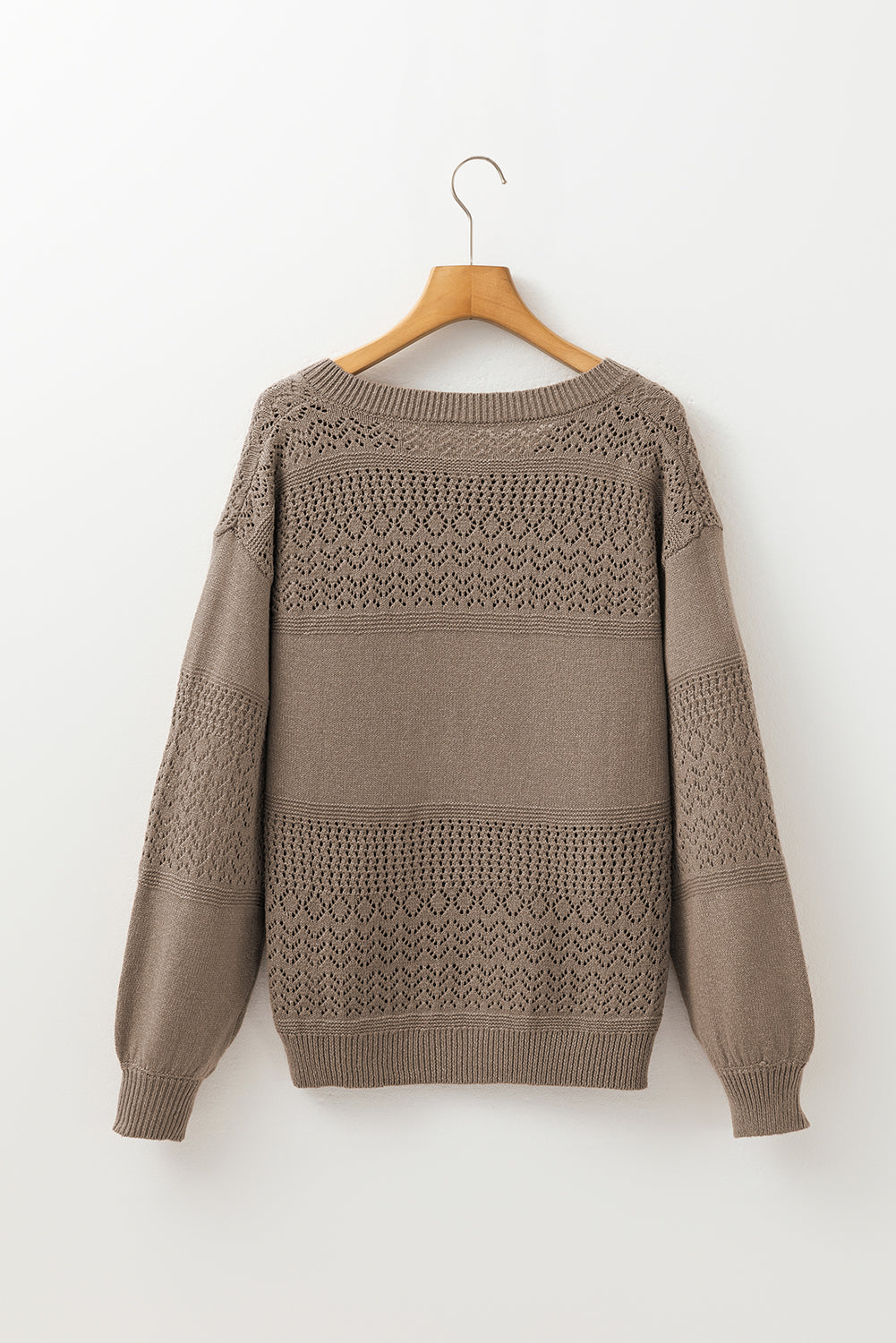 Camel Eyelet Pattern Detail V Neck Drop Shoulder Sweater Sweaters JT's Designer Fashion