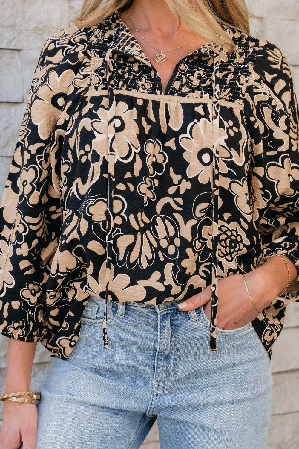 Black Floral Shirred Yoke Bracelet Sleeve Split Neck Boho Blouse Blouses & Shirts JT's Designer Fashion