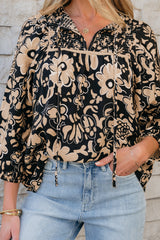 Black Floral Shirred Yoke Bracelet Sleeve Split Neck Boho Blouse Blouses & Shirts JT's Designer Fashion