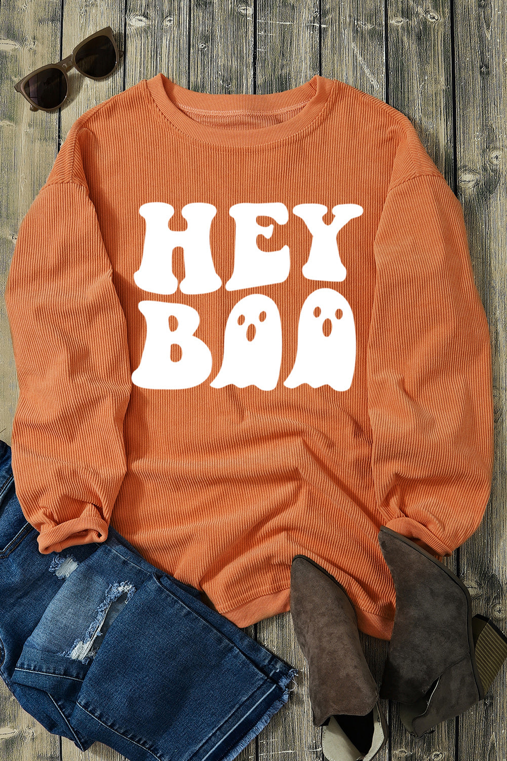 Orange Halloween Hey Boo Ghost Print Loose Sweatshirt Graphic Sweatshirts JT's Designer Fashion