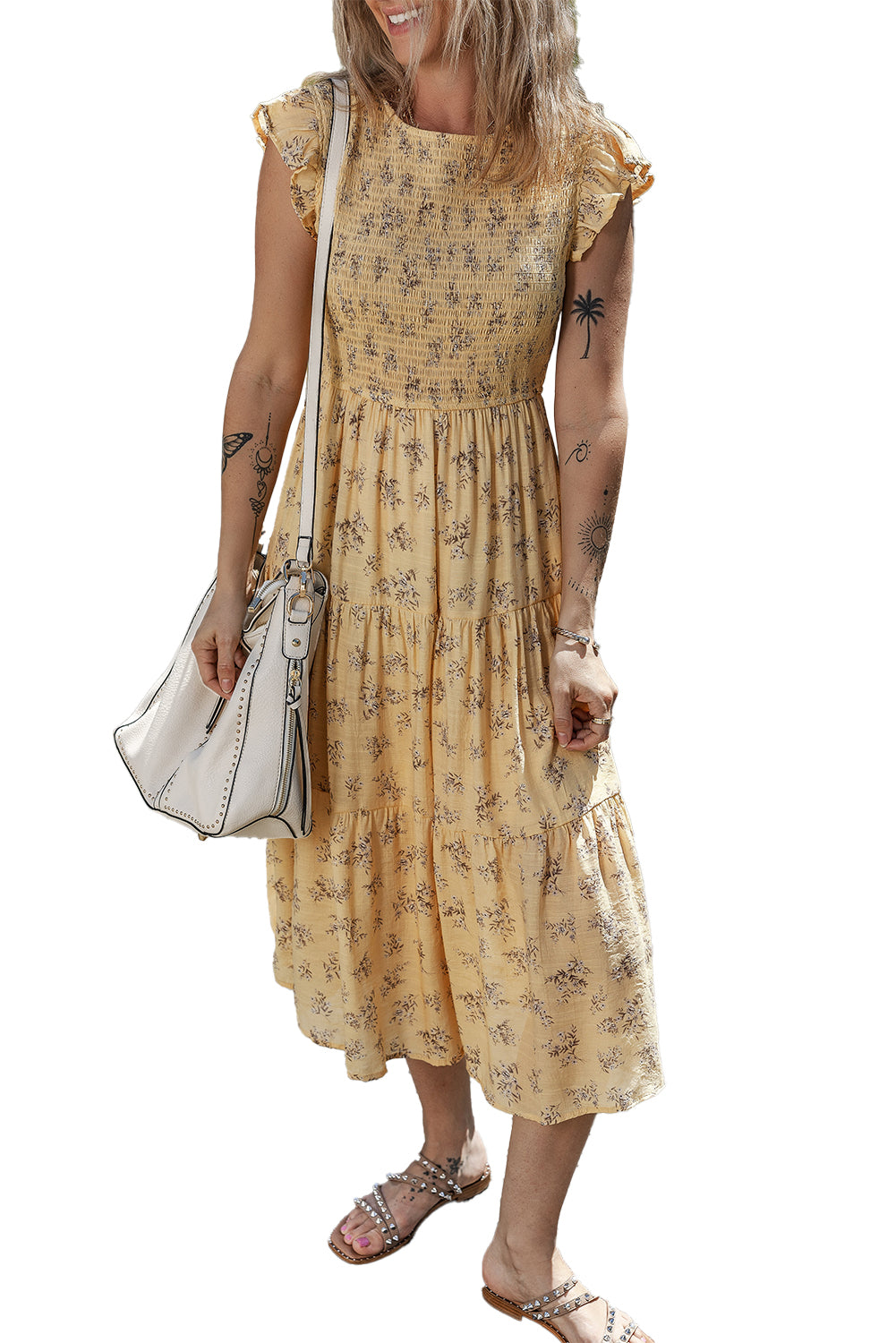 Yellow Boho Floral Print Ruffle Smocked Flowy Summer Dress Floral Dresses JT's Designer Fashion