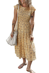 Yellow Boho Floral Print Ruffle Smocked Flowy Summer Dress Floral Dresses JT's Designer Fashion