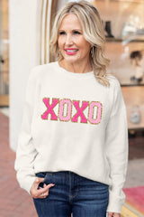 White XOXO Glitter Print Round Neck Casual Sweater Sweaters JT's Designer Fashion