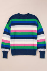 Bright Green Rainbow Striped Crew Neck Drop Shoulder Sweater Sweaters JT's Designer Fashion