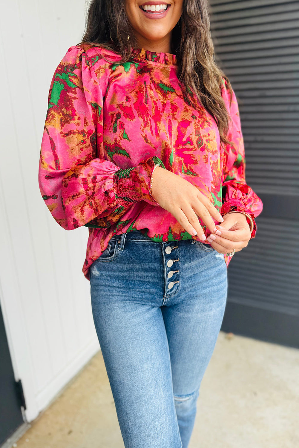 Rose Abstract Print Frilly Neckline Puff Sleeve Blouse Rose 100%Polyester Blouses & Shirts JT's Designer Fashion