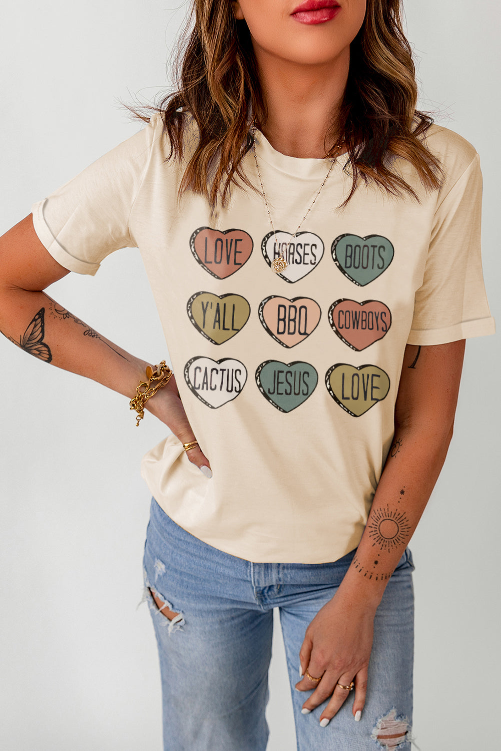 Khaki Heart Shaped Graphic Cowgirl T Shirt Graphic Tees JT's Designer Fashion