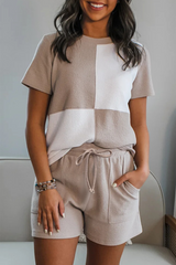 Jet Stream Textured Colorblock Patchwork Tee and Shorts Set Jet Stream 60%Polyester+35%Cotton+5%Elastane Short Sets JT's Designer Fashion