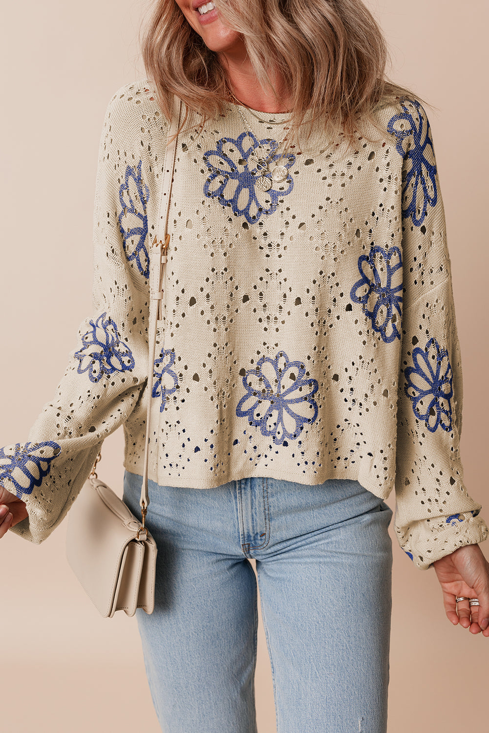 Beige Contrast Flower Print Eyelet Drop Shoulder Sweater Sweaters JT's Designer Fashion