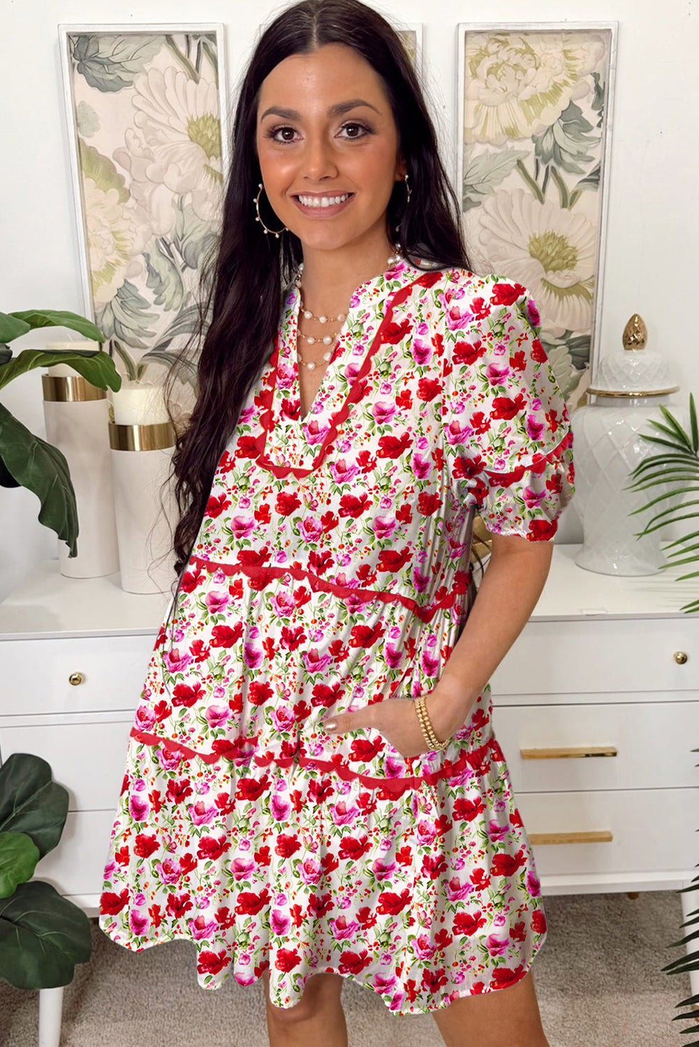 Red Floral Puff Sleeve Tiered Ric Rac Pocketed Mini Dress Floral Dresses JT's Designer Fashion