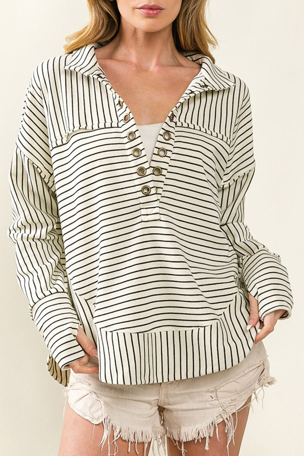 White Striped Thumbhole Drop Shoulder V Neck Top Long Sleeve Tops JT's Designer Fashion