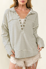 White Striped Thumbhole Drop Shoulder V Neck Top Long Sleeve Tops JT's Designer Fashion
