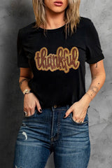 Black Sequined Thankful Round Neck Graphic Tee Graphic Tees JT's Designer Fashion