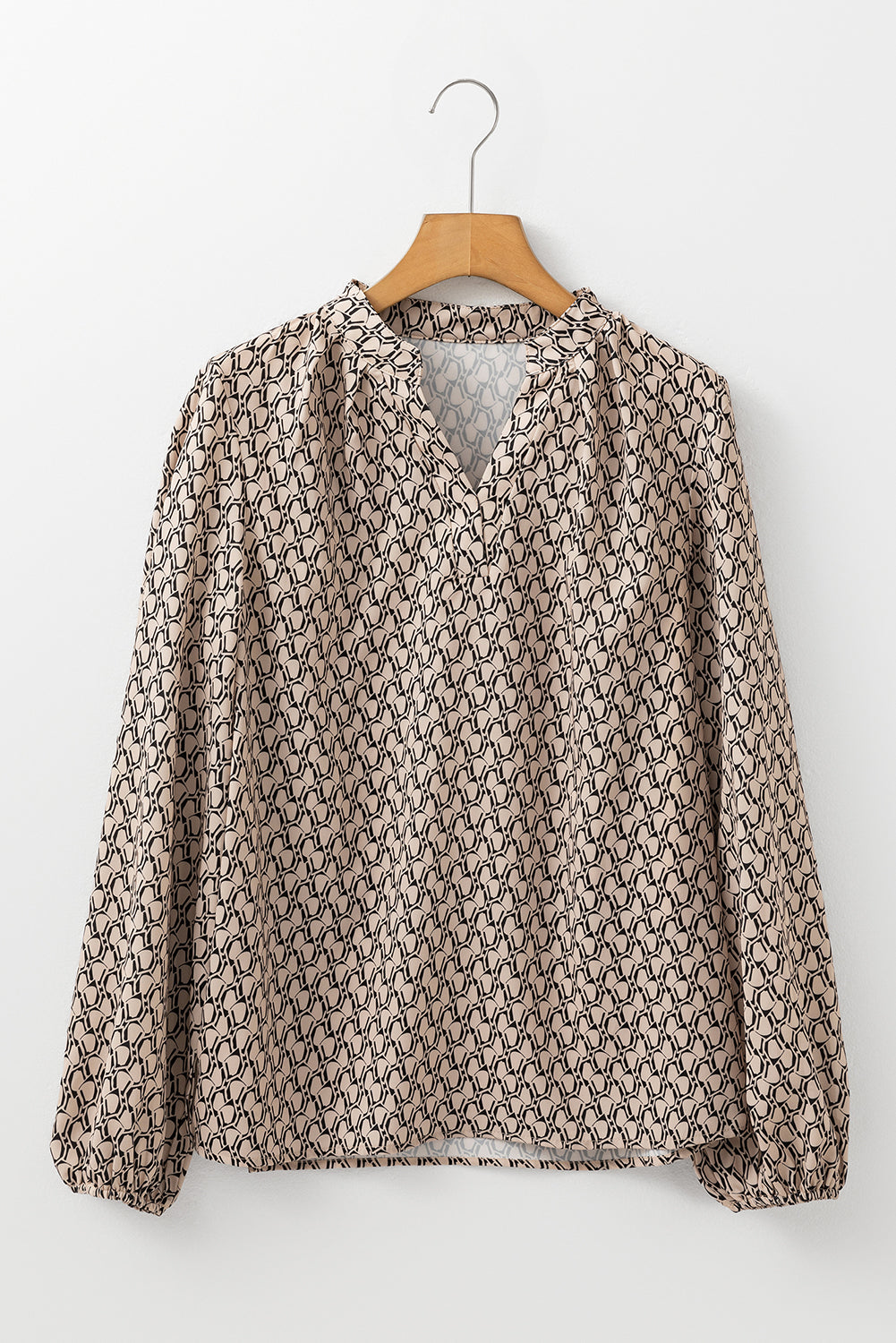 Khaki Geometric Print Notched Neck Puff Sleeve Blouse Blouses & Shirts JT's Designer Fashion