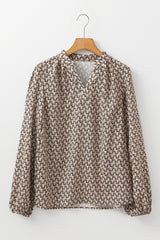 Khaki Geometric Print Notched Neck Puff Sleeve Blouse Blouses & Shirts JT's Designer Fashion