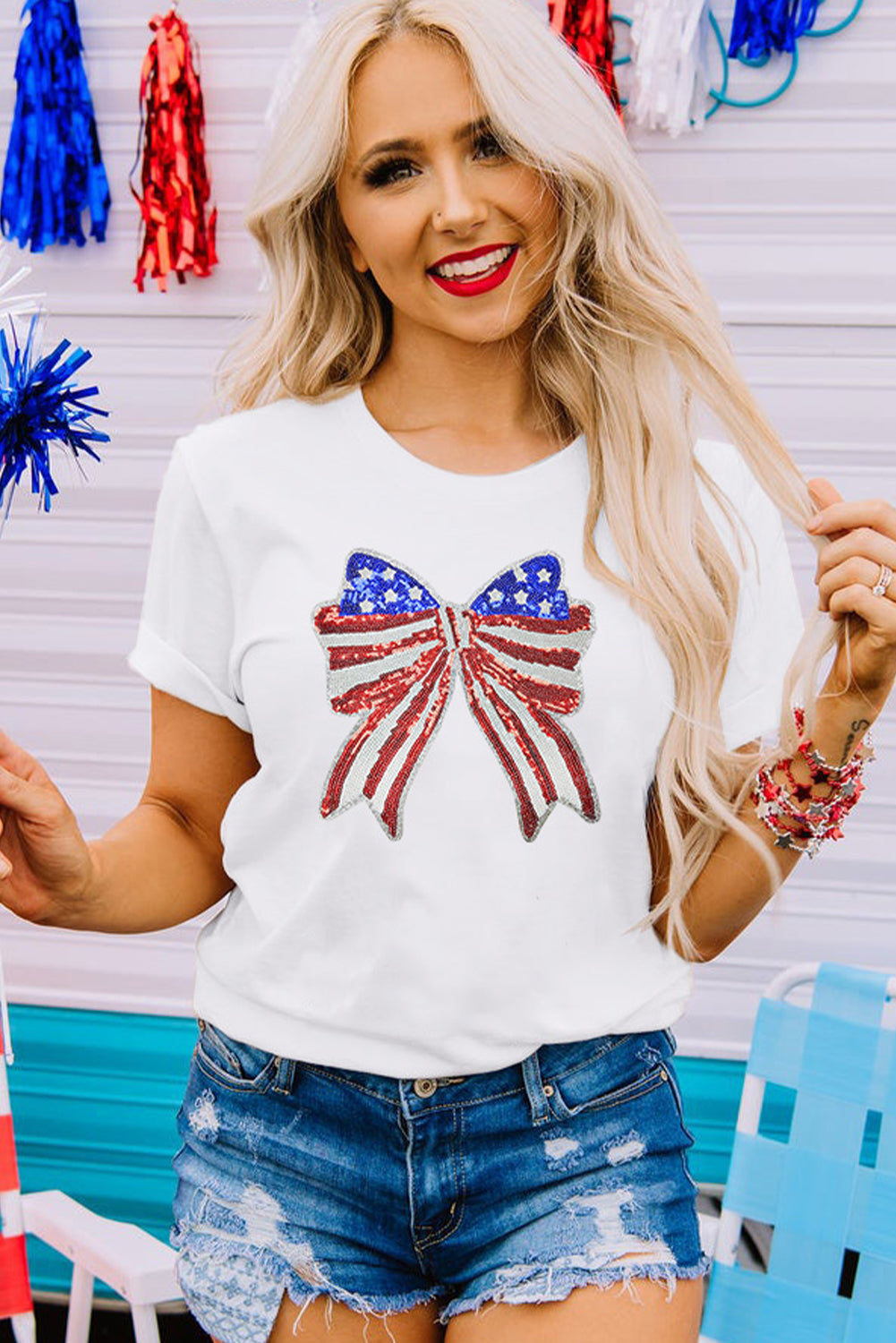 White USA Flag Bow Knot Patched Crew Neck T Shirt Graphic Tees JT's Designer Fashion