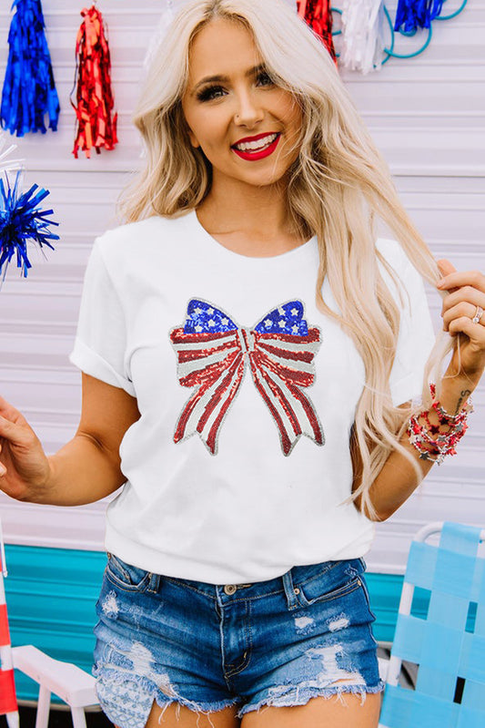 White USA Flag Bow Knot Patched Crew Neck T Shirt Graphic Tees JT's Designer Fashion