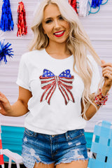 White USA Flag Bow Knot Patched Crew Neck T Shirt Graphic Tees JT's Designer Fashion