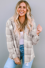 Khaki Plaid Removable Hood Buttoned Shacket Plaid Shackets JT's Designer Fashion