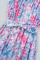 Sky Blue Floral Printed Sleeveless O Neck Knot Waist Maxi Dress Floral Dresses JT's Designer Fashion