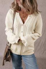 Apricot Pleated Sleeve Hollow Detail Button Sweater Cardigan Cardigans JT's Designer Fashion