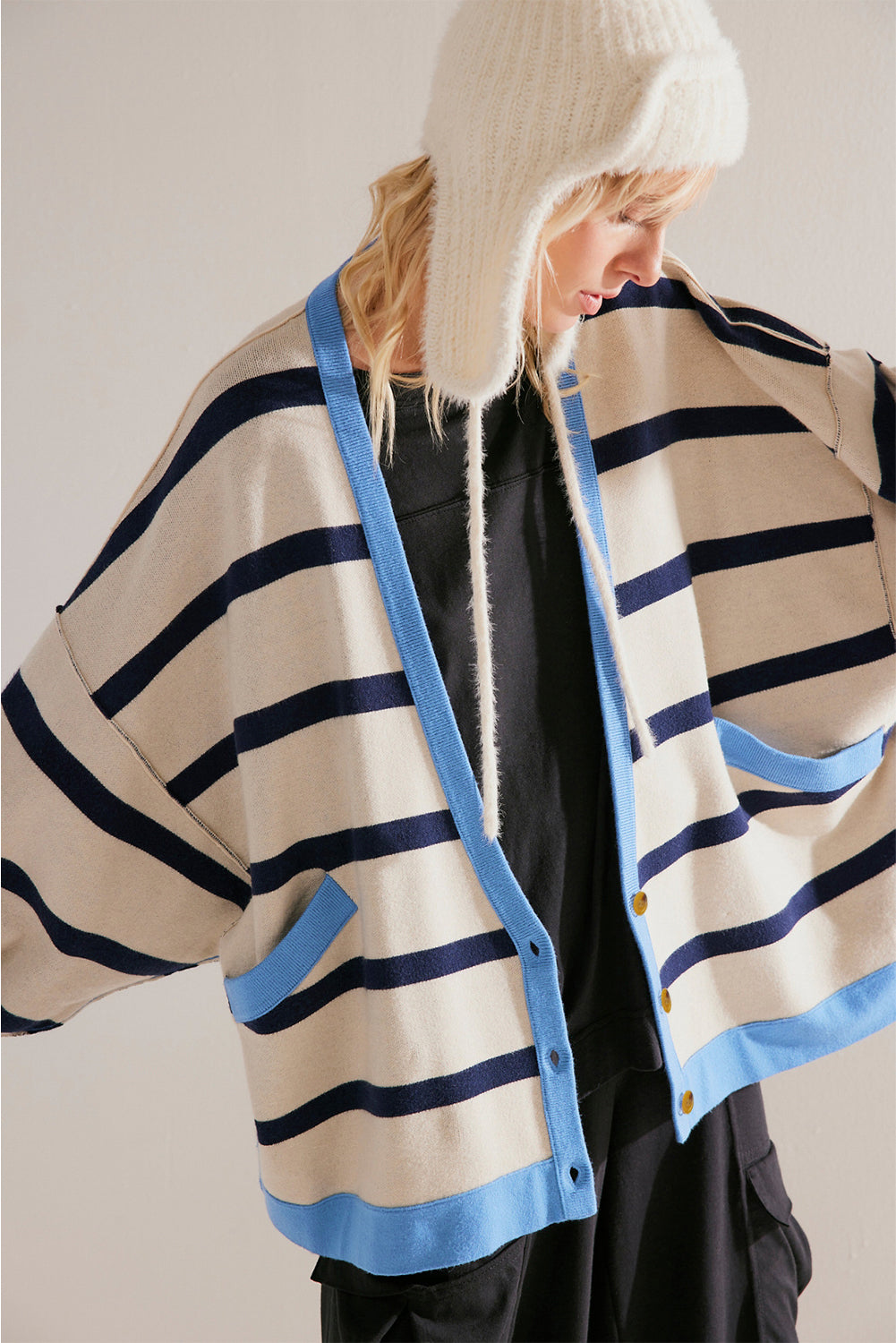 White Colorblock Drop Shoulder Buttoned Loose Cardigan Cardigans JT's Designer Fashion