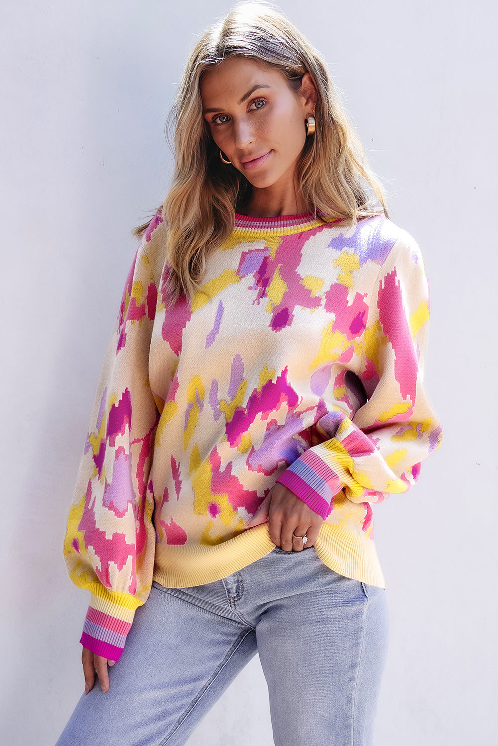 Khaki Abstract Print Colorblock Balloon Sleeve Sweater Sweaters JT's Designer Fashion