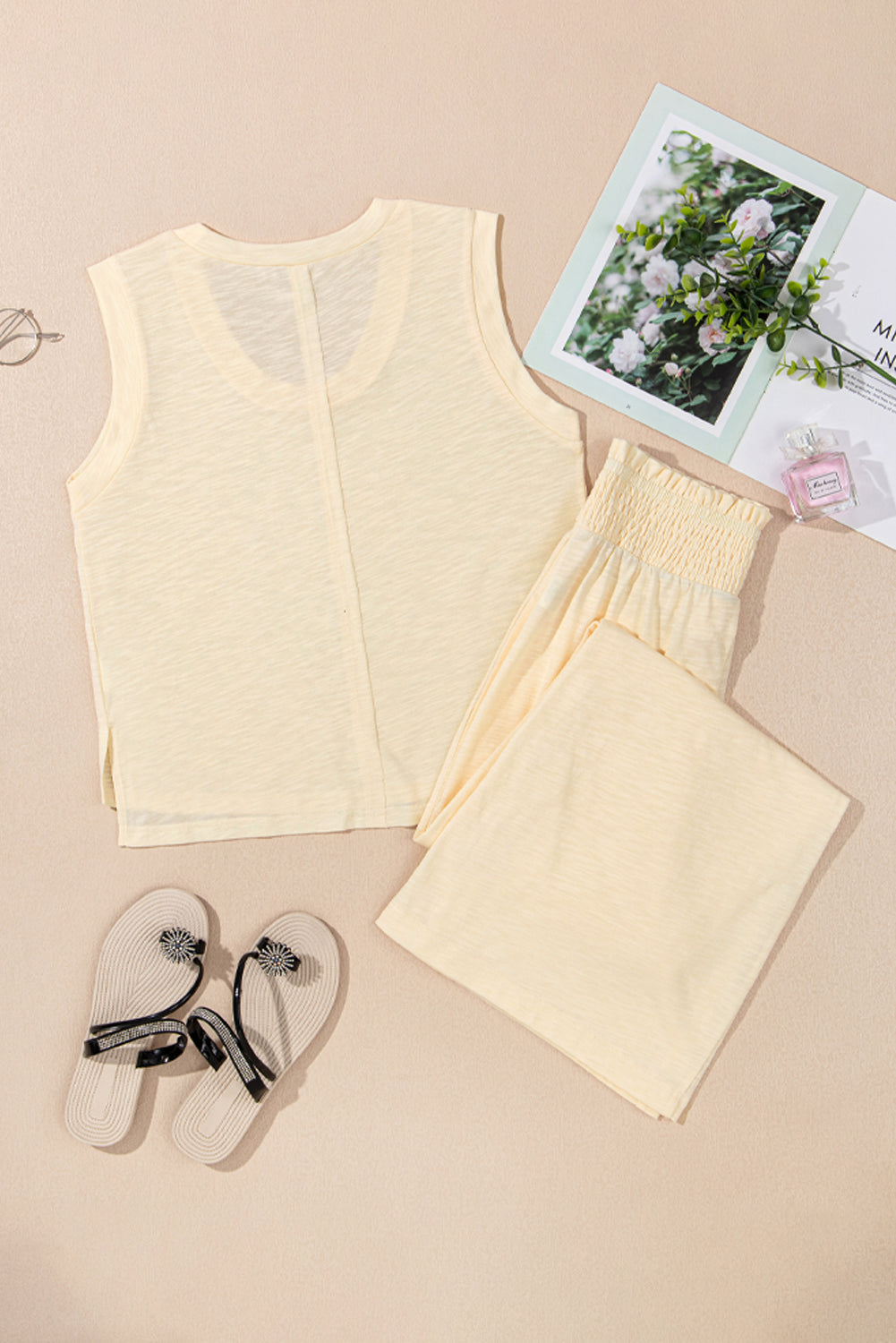 Beige Solid Color Tank Top and Smocked Waist Pants Set Pant Sets JT's Designer Fashion