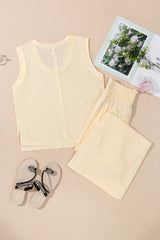 Beige Solid Color Tank Top and Smocked Waist Pants Set Pant Sets JT's Designer Fashion
